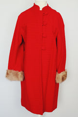 long sleeve red coat with fur trim cuffs 1960s