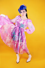 pink floral print sheer midi dress long sleeves with ruffle neckline vintage 1960's