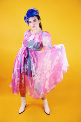 pink floral print sheer midi dress long sleeves with ruffle neckline vintage 1960's