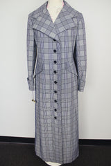 ankle length navy and grey plaid print trench coat vintage 1970's