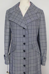 ankle length navy and grey plaid print trench coat vintage 1970's