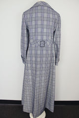 ankle length navy and grey plaid print trench coat vintage 1970's
