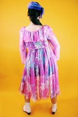 pink floral print sheer midi dress long sleeves with ruffle neckline vintage 1960's