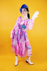 pink floral print sheer midi dress long sleeves with ruffle neckline vintage 1960's