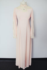long sleeve light pink maxi dress with crochet lace details and tie belt vintage 1940's