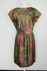 short sleeve printed knee length dress in forest green with pink and brown print