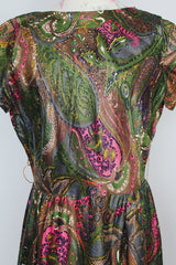 short sleeve printed knee length dress in forest green with pink and brown print