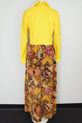 long sleeve mock neck twofer maxi dress with a yellow top part and velvet brown paisley printed skirt vintage 1970's