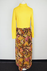 long sleeve mock neck twofer maxi dress with a yellow top part and velvet brown paisley printed skirt vintage 1970's
