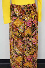 long sleeve mock neck twofer maxi dress with a yellow top part and velvet brown paisley printed skirt vintage 1970's