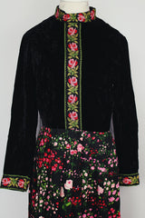 long sleeve maxi dress in black velvet and floral print vintage 1970's