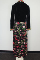 long sleeve maxi dress in black velvet and floral print vintage 1970's