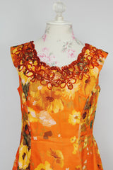 sleeveless orange floral print maxi evening dress with sequin trim vintage 1960's