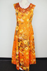 sleeveless orange floral print maxi evening dress with sequin trim vintage 1960's