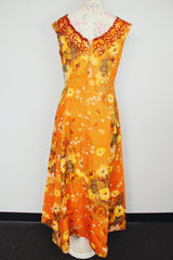 sleeveless orange floral print maxi evening dress with sequin trim vintage 1960's