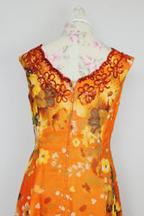 sleeveless orange floral print maxi evening dress with sequin trim vintage 1960's