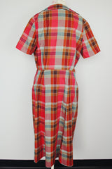 plaid printed short sleeve midi dress with collar and buttons up the front vintage 1950's