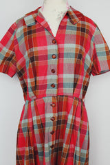 plaid printed short sleeve midi dress with collar and buttons up the front vintage 1950's
