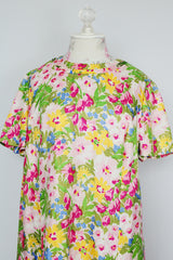 short sleeve floral printed shift dress in pink yellow and green vintage 1960's