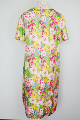 short sleeve floral printed shift dress in pink yellow and green vintage 1960's