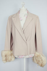 light beige blazer with white fur cuffs vintage women's 1980's