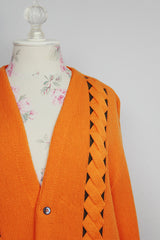 long sleeve wool orange cardigan buttons up the front cable knit detail vintage 1960's