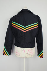 black with yellow orange and green stripped cropped zip up ski jacket vintage 1970's