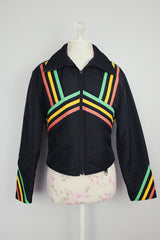 black with yellow orange and green stripped cropped zip up ski jacket vintage 1970's