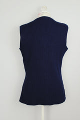 navy knit button up vest with grey and brown suede panels in the front vintage 1970's