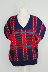 sleeveless wide fit acrylic sweater vest in a blue and red plaid print vintage 1980's