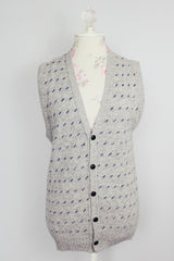 sleeveless grey printed button up sweater vest vintage 1980's