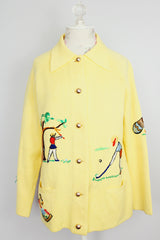 long sleeve yellow button up cardigan with collar and all over embroidery vintage 1960's