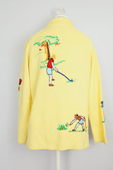 long sleeve yellow button up cardigan with collar and all over embroidery vintage 1960's