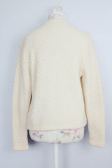 long sleeve cream colored wool cardigan with embroidered flowers and silver buttons vintage 1960's