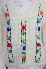 long sleeve cream mohair pullover sweater with v neck and embroidered flowers vintage 1960's