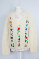 long sleeve cream mohair pullover sweater with v neck and embroidered flowers vintage 1960's