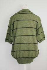 short sleeve pullover wool sweater with collar and half button closure green stripes vintage 1960's