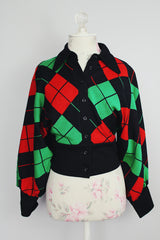 long sleeve wool black red and green argyle print button up cardigan with collar cropped vintage 1960s