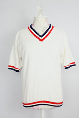 white velour short sleeve pullover sweater with striped trim vintage 1960's