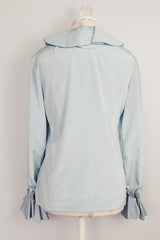 long sleeve blue zip up blouse with ruffle cuffs and trim vintage 1960's