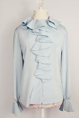 long sleeve blue zip up blouse with ruffle cuffs and trim vintage 1960's