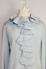 long sleeve blue zip up blouse with ruffle cuffs and trim vintage 1960's