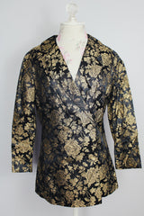 long sleeve black with all over gold metallic floral print double breasted blazer vintage