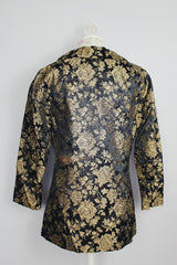 long sleeve black with all over gold metallic floral print double breasted blazer vintage