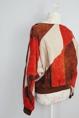 long sleeve suede pullover sweater in orange brown and cream print vintage 1980's