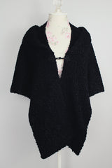 textured boucle black shawl with one closure longer in the front vintage 1940's