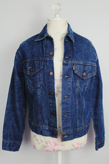 long sleeve dark wash levi's denim jacket with orange tab label vintage