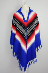 blue with stripes acrylic poncho fringe trim with collar vintage 1970's