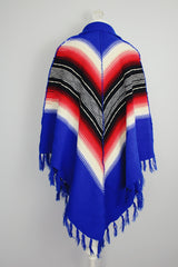 blue with stripes acrylic poncho fringe trim with collar vintage 1970's