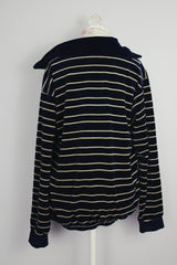 long sleeve navy striped velour half zip pullover vintage 1980's
